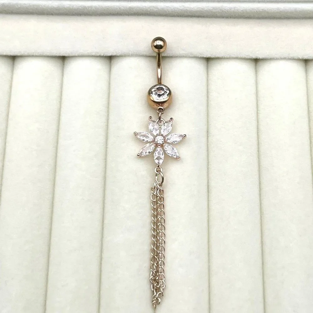 316L Stainless Steel with White Diamond Cubic Zirconia Flower 14G Belly Ring